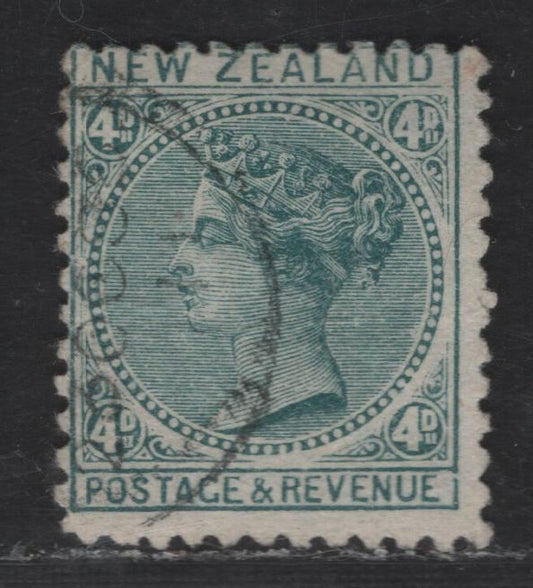 Lot 165 New Zealand SG#190 4d Blue Green Queen Victoria, 1882-1900 Second Queen Victoria Sideface Issue, A VGOG Single, NZ & Star Wmk With 6mm Gap (12a), Horizontal Mesh Paper, Small Internal Wrinkle