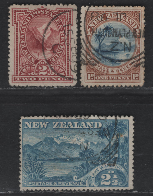 Lot 192 New Zealand SG#247-248, 250 1d - 2.5d Blue & Yellow Brown - Sky Blue Lake Taupo & Mount Ruapehu - Lake Wakatipu, 1898 Pictorial Issue, 3 Fine/Very Fine Used Singles, Inscription Spelled Wakatipu