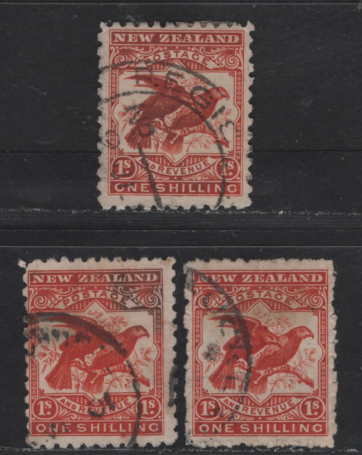 Lot 199 (C) New Zealand SG#268-b 1/- Red - Brown Red Kea & Kaka, 1899-1903 Pictorial Issue, 3 Fine/Very Fine Used Singles, Perf 11, Unwatermarked