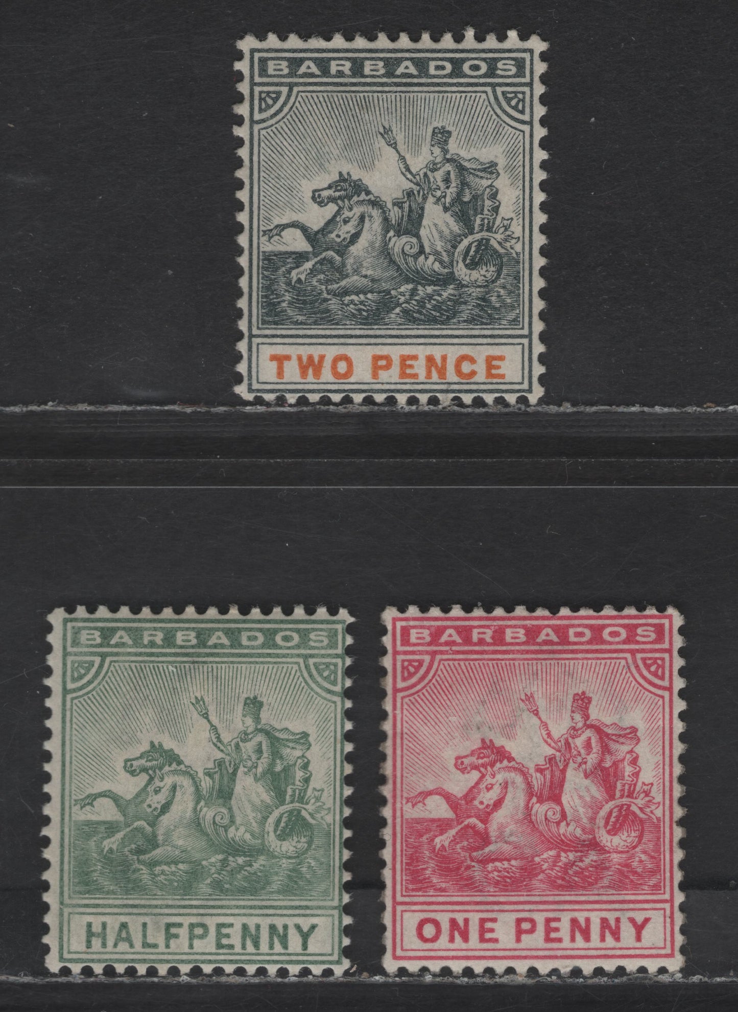 Lot 21 Barbados SG#106-108 1/2d - 2d Dull Green - Slate Black & Orange Badge of the Colony, 1892-1903 Badge of the Colony Issue, 3 F/VFOG Singles