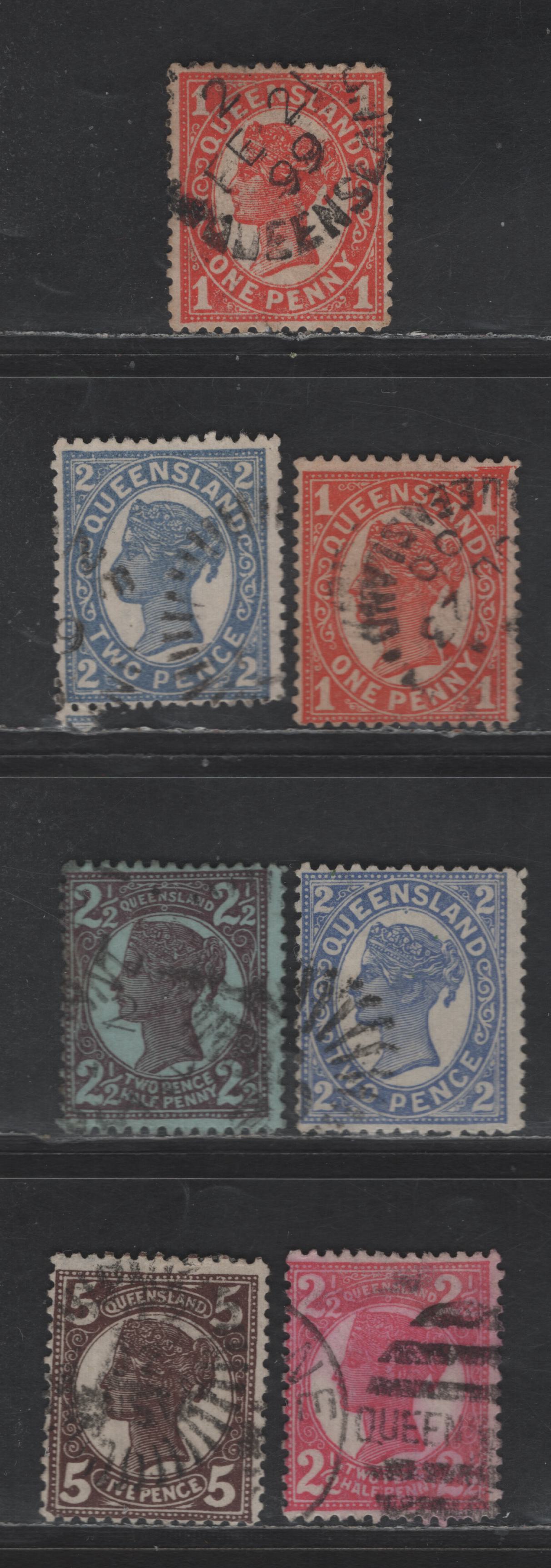 Lot 220 Queensland SG#233-236, 238, 246 1d - 5d Vermillion - Purple Brown Queen Victoria, 1897-1908 Sidefaces With Numerals In Corners Issue, 6 Fine Used Singles