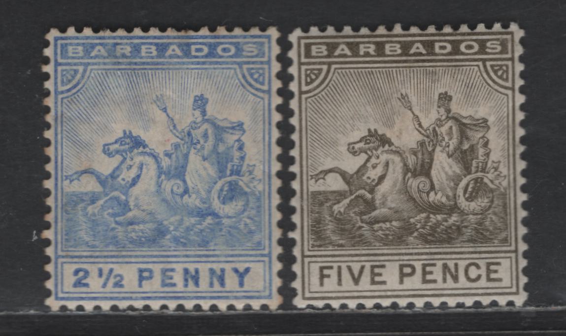 Lot 22 Barbados SG#109-110 2.5d - 5d Ultramarine - Gray Olive Badge of the Colony, 1892-1903 Badge of the Colony Issue, 2 VFOG Singles, Crown CA Wmk
