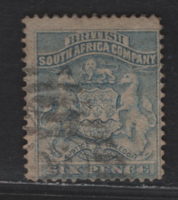 Lot 222 Rhodesia SG#2 6d Ultramarine Arms, 1892-1893 Coat of Arms Issue, A Fine Used Single, Clear Watermark