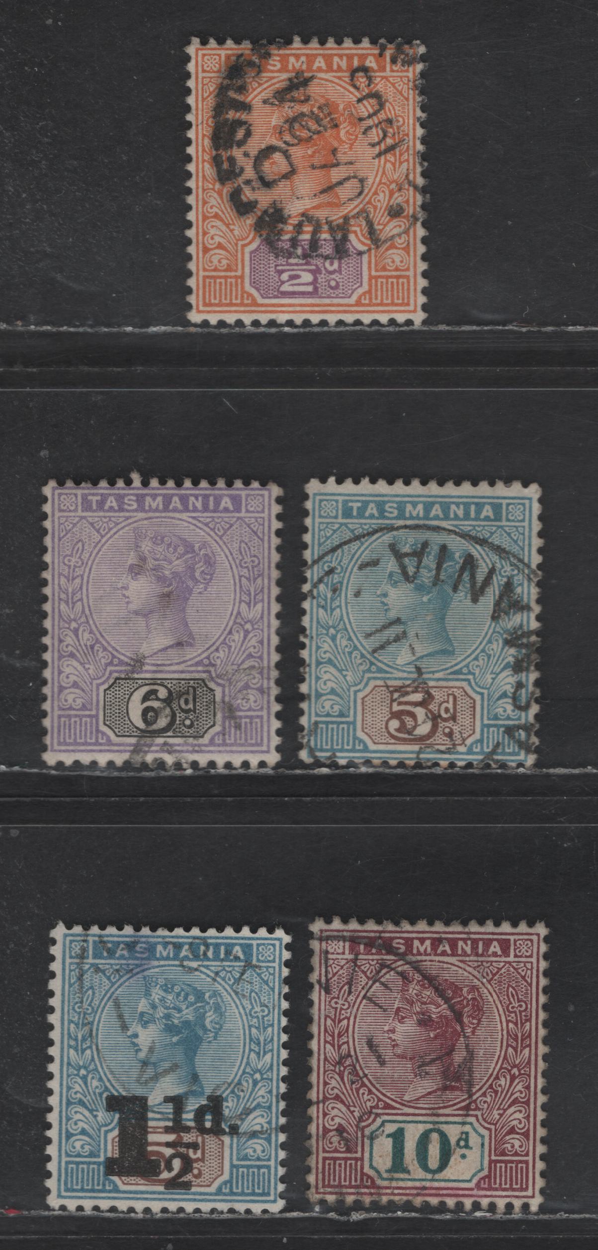 Lot 255 (C) Tasmania SG#216, 218-220, 224 1/2d - 10d Orange & Mauve - Purple Lake & Deep Green Queen Victoria, 1892-1904 Keyplate & Surcharge Issues, 5 Fine/Very Fine Used Singles