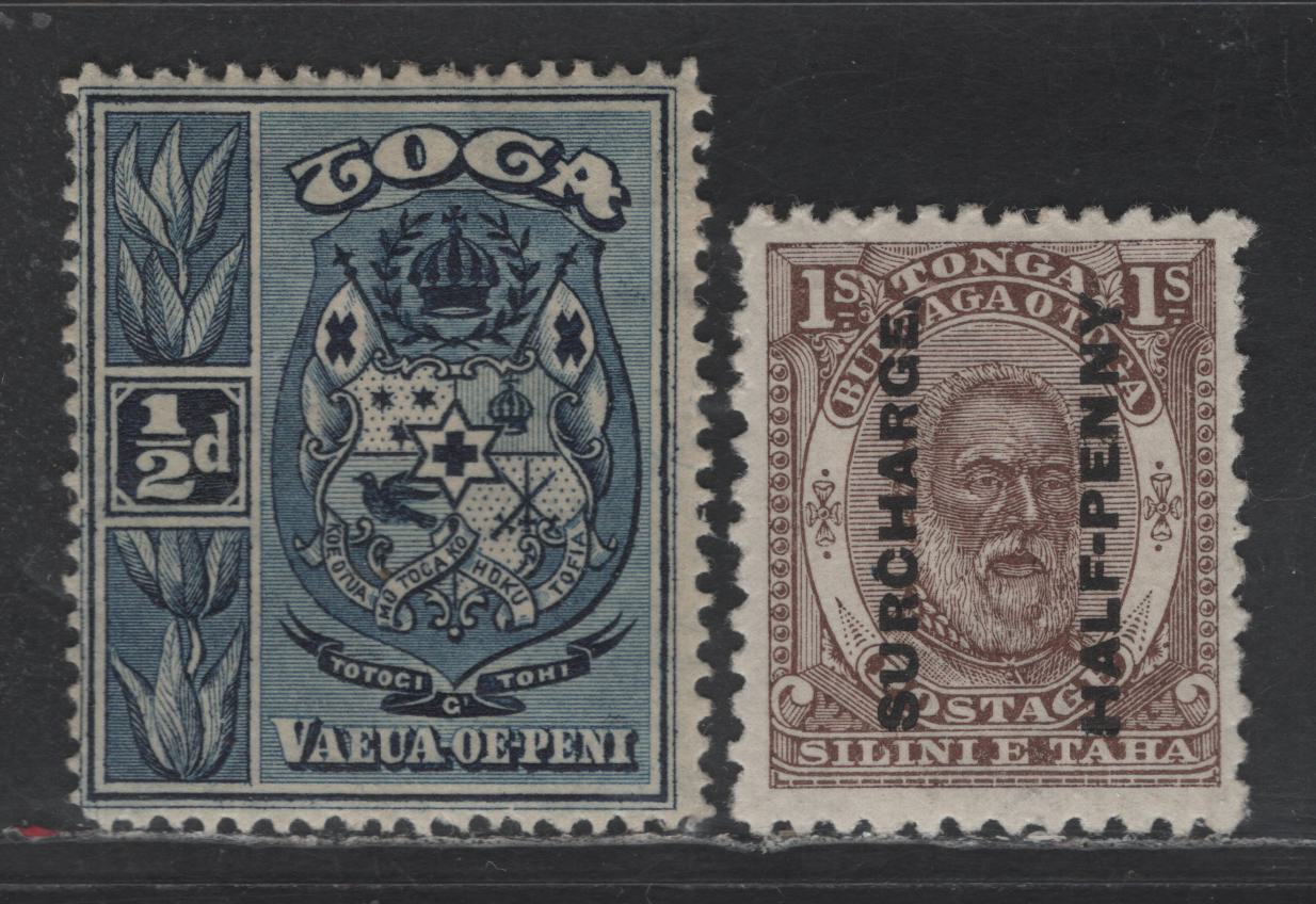 Lot 260 (C) Tonga SG#22, 38 1/2d on 1/- - 1/2d Brown - Indigo King George I - Arms, 1894-1897 Surcharges & Pictorial Issues, 2 VFOG Singles