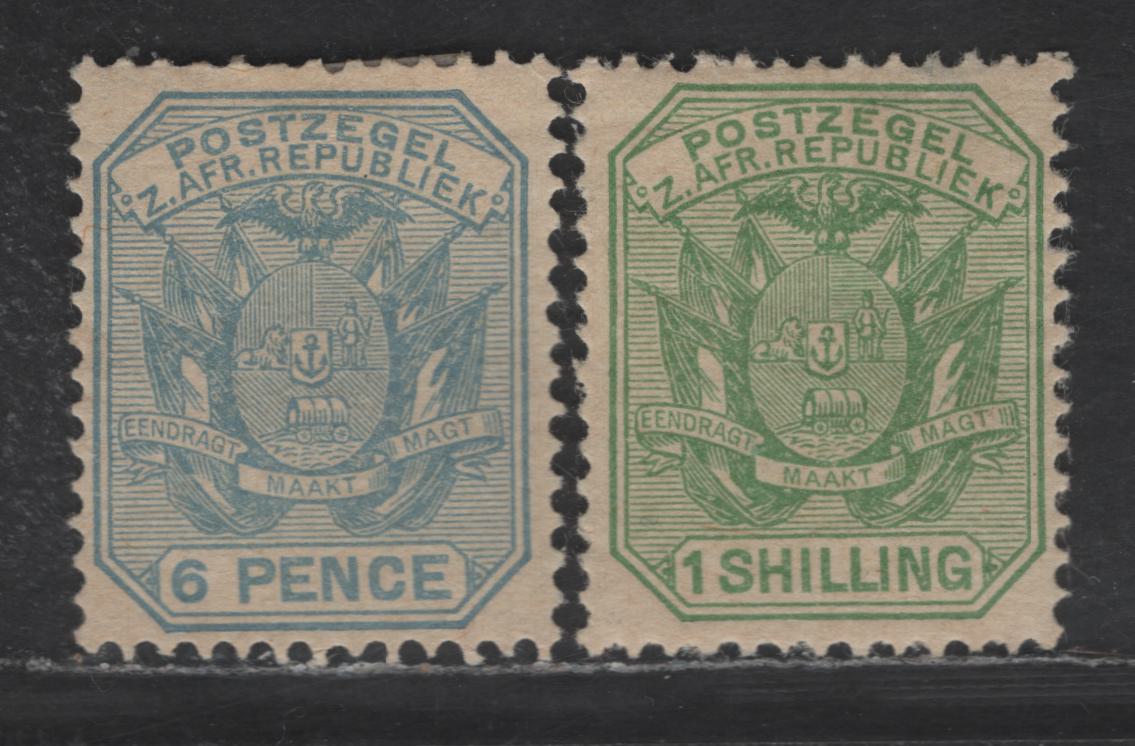 Lot 263 Transvaal SG#203-204 6d - 1/- Pale Dull Blue - Yellow Green Wagons, 1894 Pictorial Issue, 2 F/VFOG Singles, Perf 12.5, Likely Originals