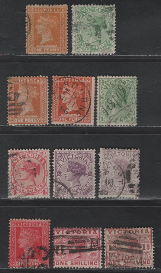 Lot 265 (C) Victoria SG#297a, 313f, 208, 313,b, 314,cm 316, 321, 321b, 311a 1d - 1/- Dull Pea Green - Carmine Lake Queen Victoria, 1882-1896 Stamp Duty Keyplates Issue, 11 Fine/Very Fine Used Singles, Perf 12.5, V Over Crown Wmk (Narrow, Non Pointy Crown)