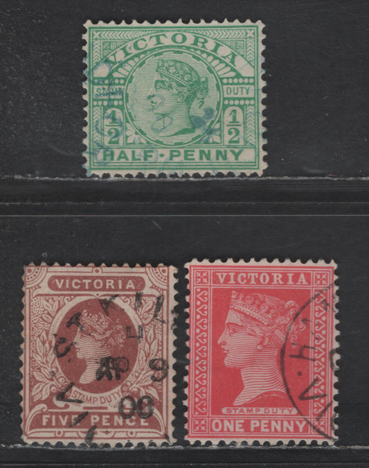Lot 267 (C) Victoria SG#356-357, 364 1/2d - 5d Emerald - Red Brown Queen Victoria, 1899-1901 Stamp Duty Keyplates Issue, 3 Fine/Very Fine Used Singles, Wmk 85 (V over Crown With Very Wide Top & Narrow Base), Perf 12.5