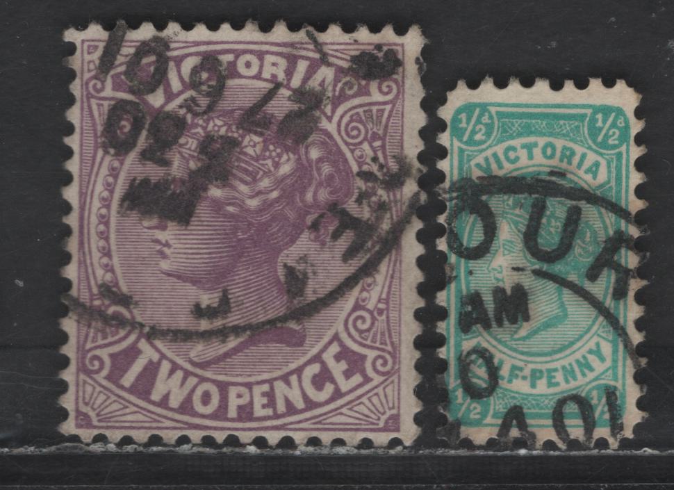 Lot 268 Victoria SG#376-377 1/2d - 2d Bluish Green - Reddish Violet Queen Victoria, 1901 Reissue of Previous Designs Issue, 2 Very Fine Used Singles, Wmk 85 (V over Crown With Very Wide Top & Narrow Base), Perf 12x12.5