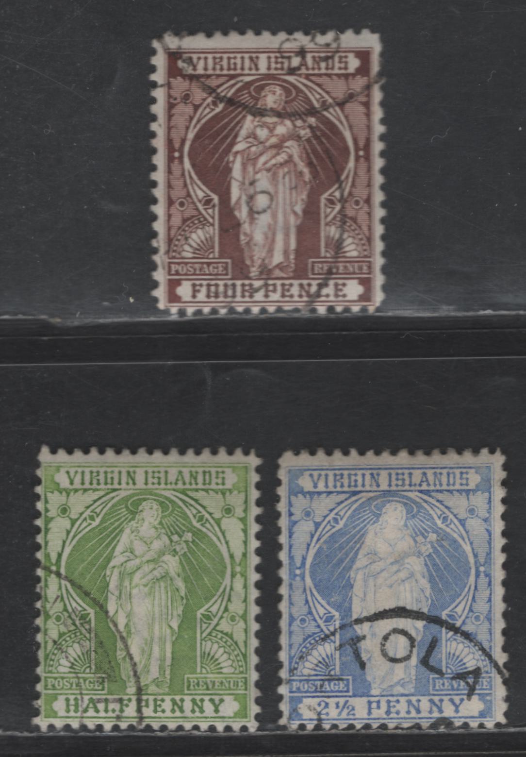 Lot 270 (C) Virgin Islands SG#43, 45-46 1/2d - 4d Yellow Green - Brown Queen Victoria, 1899 St Ursula Definitives, 3 Fine/Very Fine Used Singles