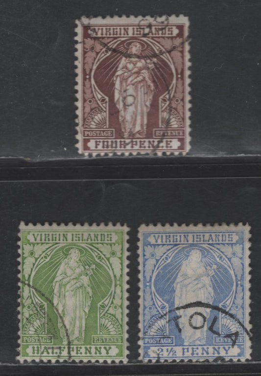 Lot 270 (C) Virgin Islands SG#43, 45-46 1/2d - 4d Yellow Green - Brown Queen Victoria, 1899 St Ursula Definitives, 3 Fine/Very Fine Used Singles
