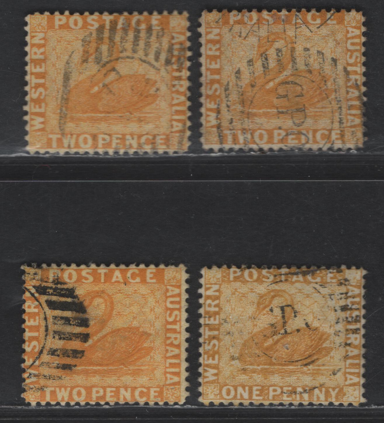 Lot 272 (C) Western Australia SG#71, 71bw, 76w, 77 2d - 1d Chrome Yellow - Yellow Ochre Swans, 1876-1885 Engraved Swans Issue, 4 Very Fine Used Singles, Various Watermarks, Perf 14