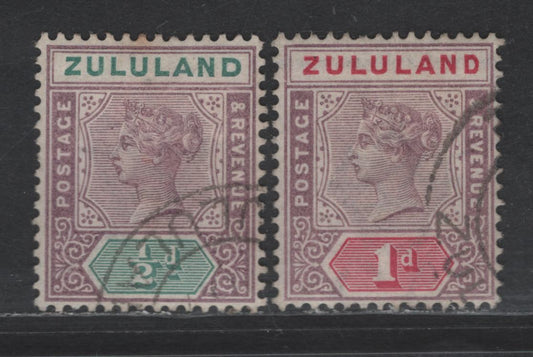 Lot 275 (C) Zululand SG#20-21 1/2d - 1d Dull Mauve & Green - Dull Mauve & Carmine Queen Victoria, 1894-1896 Imperium Keyplates Issue, 2 Fine/Very Fine Used Singles