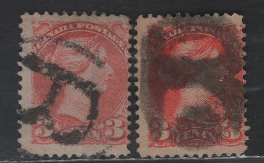 Lot 279 Canada #41 3c Dull Orange vermillion & Bright Orange Vermillion Queen Victoria, 1888-1897 Small Queen Issue, 2 Good/Very Good Used Singles, Mid & Late Second Ottawa Printings, Papers 1O-B & 2O-C, Distinct R Cancels