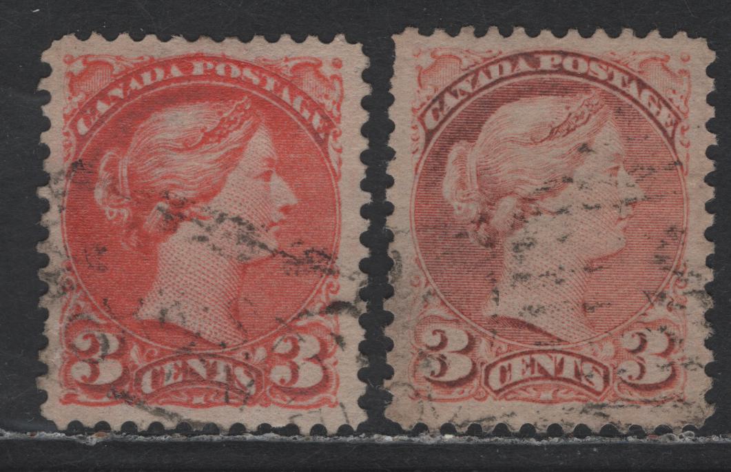Lot 286 Canada #41 3c Dull Vermillion & Deep Orange Vermillion Queen Victoria, 1888-1897 Small Queen Issue, 2 Very Fine Used Singles, Early & Mid To Late Second Ottawa Printings, Paper Types 2O-C & 2O-E