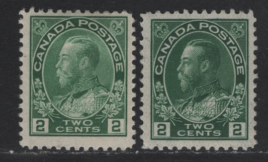 Lot 308 Canada #107ii, a 2c Green & Deep Green King George V, 1911-1928 Admiral Issue, 2 VG/VFOG Singles, Thin, Experimental Paper, Thin Paper Has Only Part Gum & The 107ii Has A Hinge Thin