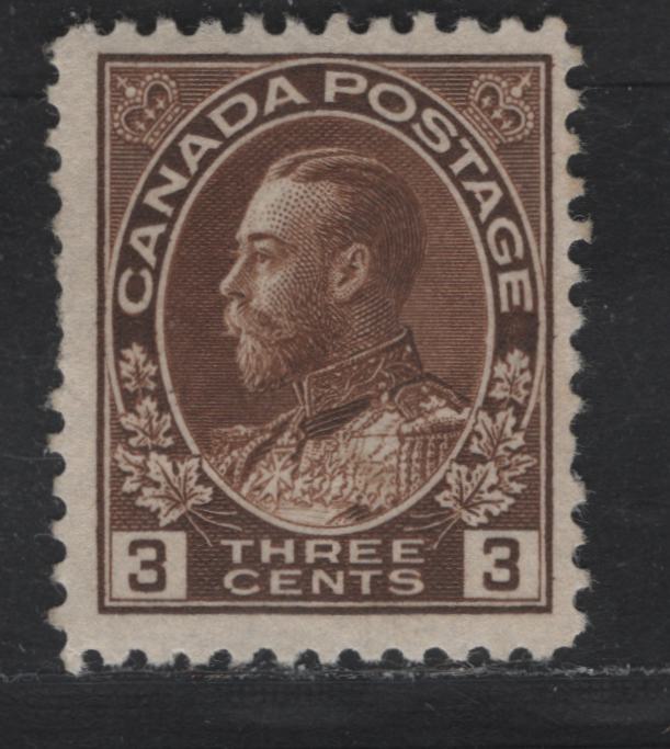 Canada #108 3c Reddish Brown King George V, 1911-1928 Admiral Issue, A FOG Single, Wet Printing, Retouched Frameline