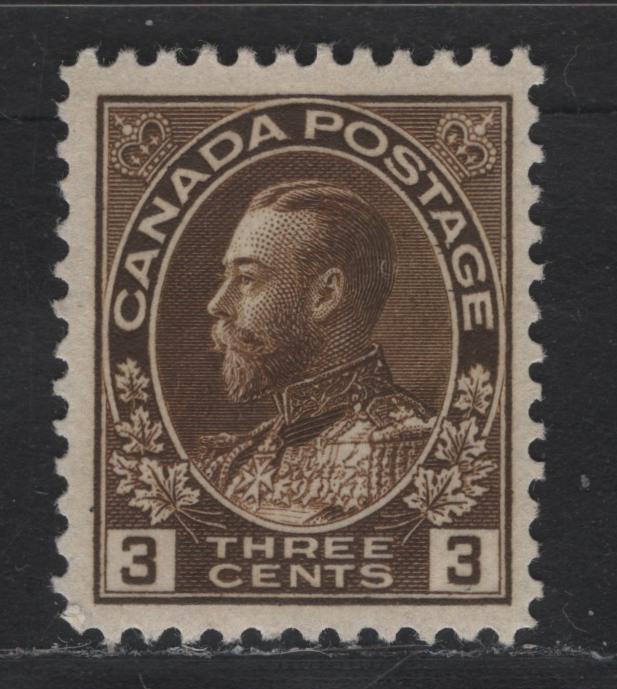 Lot 311 Canada #108ii 3c Dark Brown King George V, 1911-1928 Admiral Issue, A VFOG Single, Wet Printing, Retouched Frameline