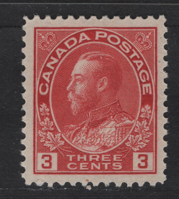 Lot 315 Canada #109 3c Light Carmine King George V, 1911-1928 Admiral Issue, A VFNH Single, Die 1, Dry Printing, Redrawn Frameline, Streaky Gum