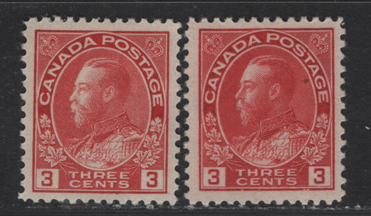 Lot 316 Canada #109 3c Carmine Red & Light Carmine King George V, 1911-1928 Admiral Issue, 2 VFOG Singles, Dry Printings, Die 1, Redrawn Framelines