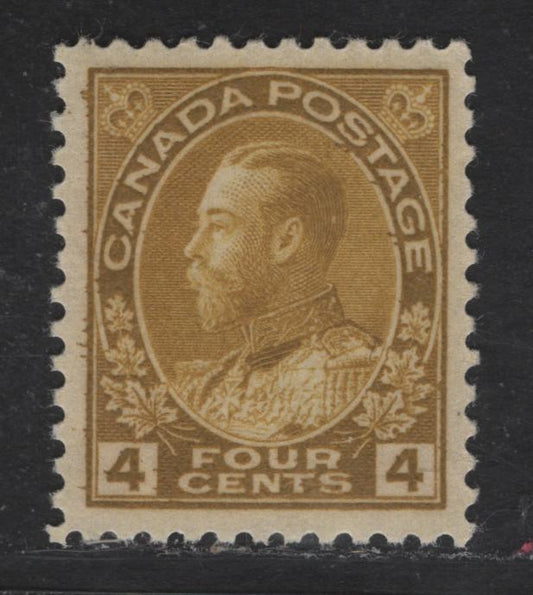 Lot 321 Canada #110b 4c Olive Yellow King George V, 1911-1928 Admiral Issue, A VFOG Single, Wet Printing, Retouched Frameline