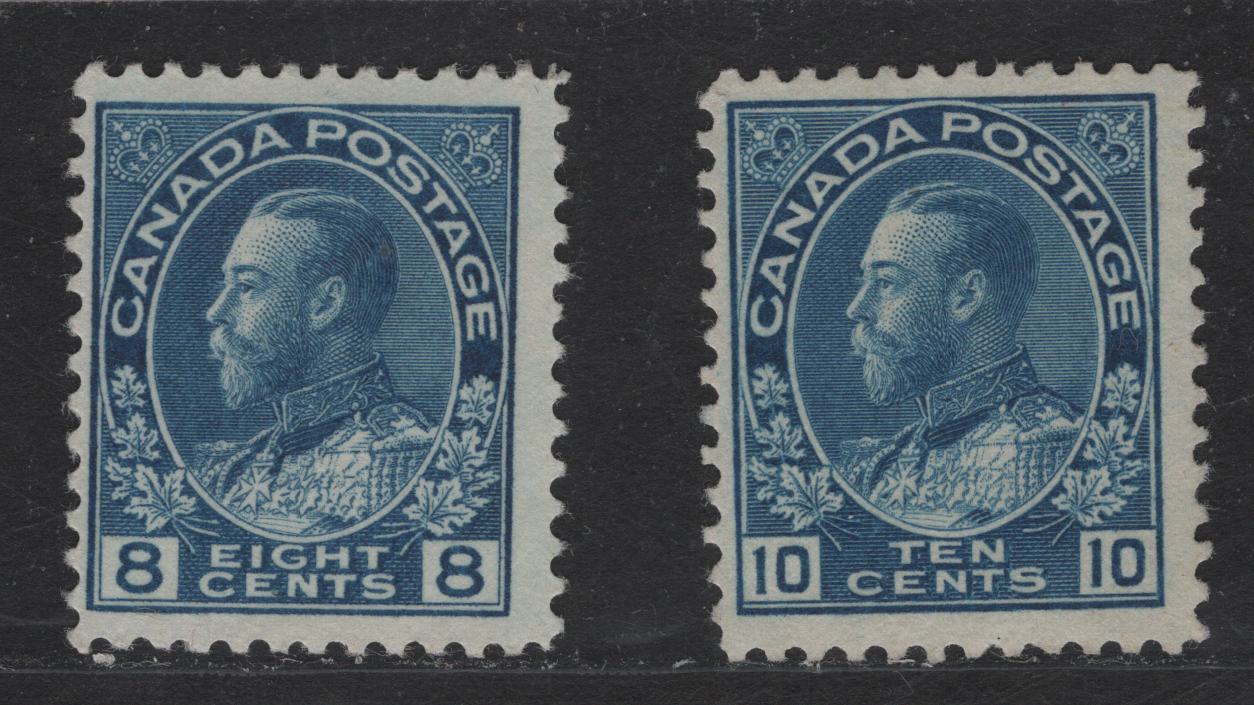 Lot 346 Canada #115i, 117a 8c & 10c Light Blue & Blue King George V, 1911-1928 Admiral Issue, 2 Fine Unused Single, Dry Printing, Redrawn (8c) & Normal (10c) Framelines