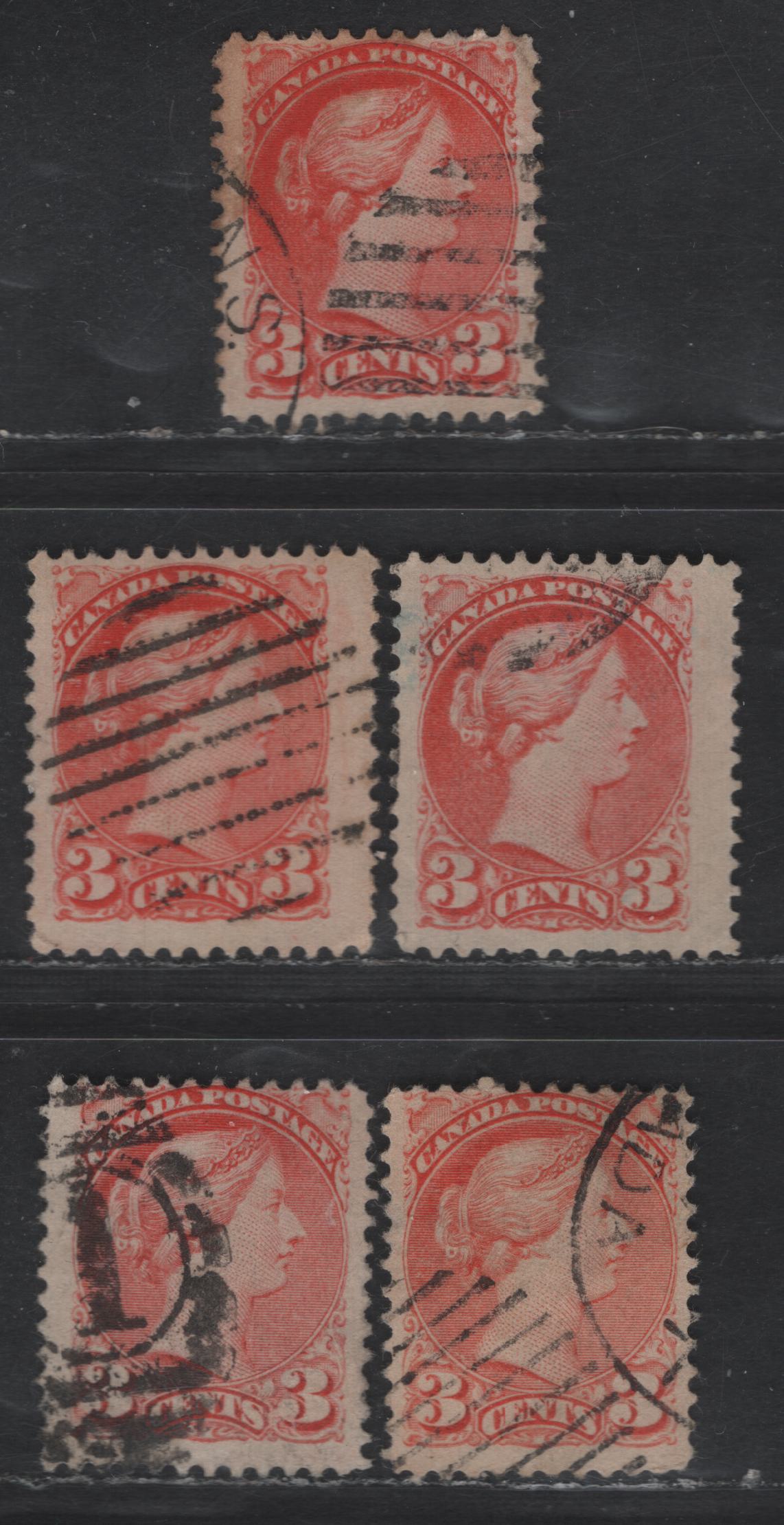 Lot 357 Canada #41 3c Deep Bright Orange Vermillion, Vermillion, Bright Vermillion & Dull Vermillion Queen Victoria, 1888-1897 Small Queen Issue, 5 Fine Used Singles, Second Ottawa Printings, Papers 2O-U, 2O-G & 2O-F