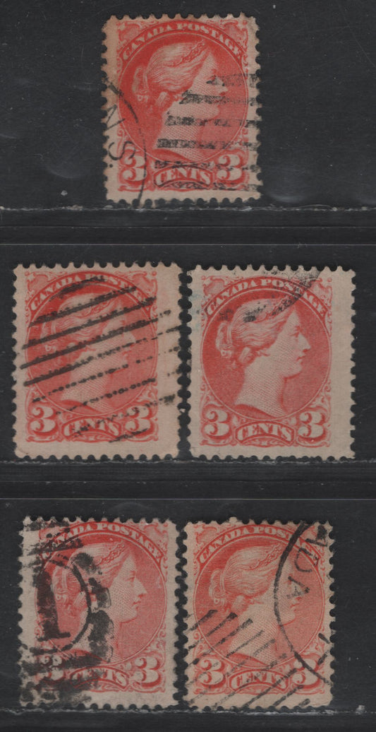 Lot 357 Canada #41 3c Deep Bright Orange Vermillion, Vermillion, Bright Vermillion & Dull Vermillion Queen Victoria, 1888-1897 Small Queen Issue, 5 Fine Used Singles, Second Ottawa Printings, Papers 2O-U, 2O-G & 2O-F