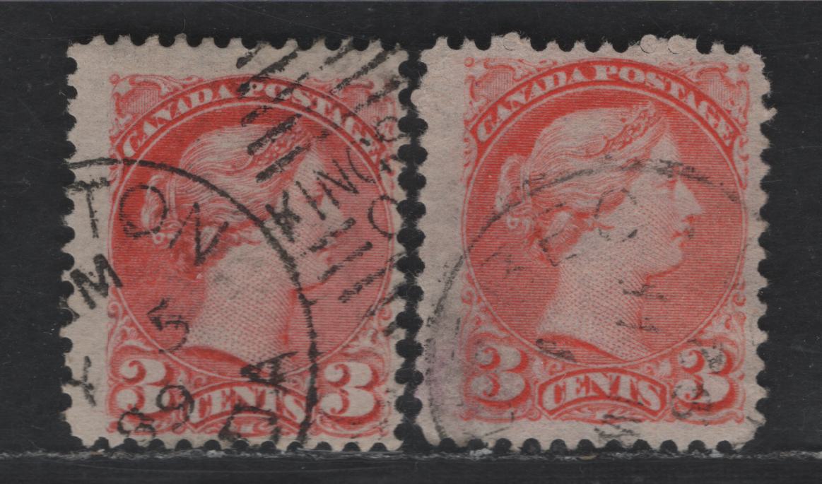 Lot 364 Canada #41 3c Orange Vermillion Queen Victoria, 1888-1897 Small Queen Issue, 2 Fine Used Singles, Early 2nd Ottawa Printings, Paper 2O-HH, March 11, 1892 Or May 5/July 5 1889 CDS