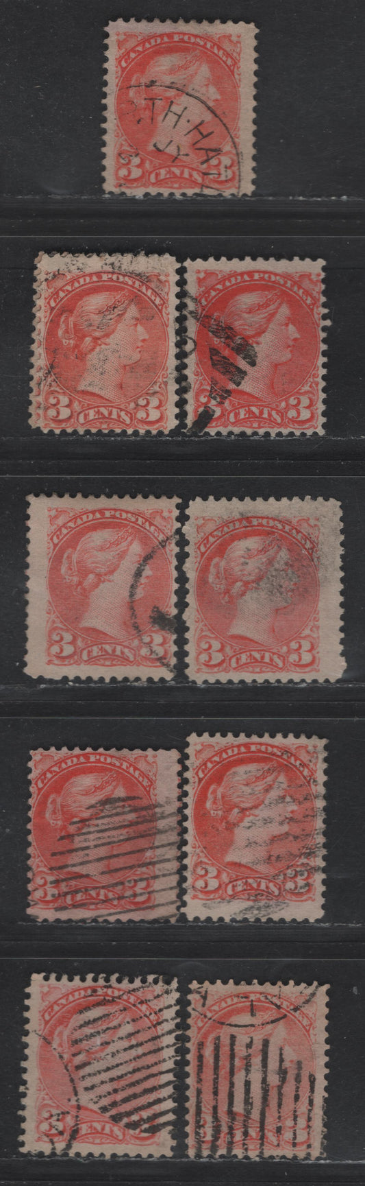 Lot 366 Canada #41 3c Vermillion Queen Victoria, 1888-1897 Small Queen Issue, 10 Fine Used Singles, Early & Late Second Ottawa Printings, Paper 2O-II