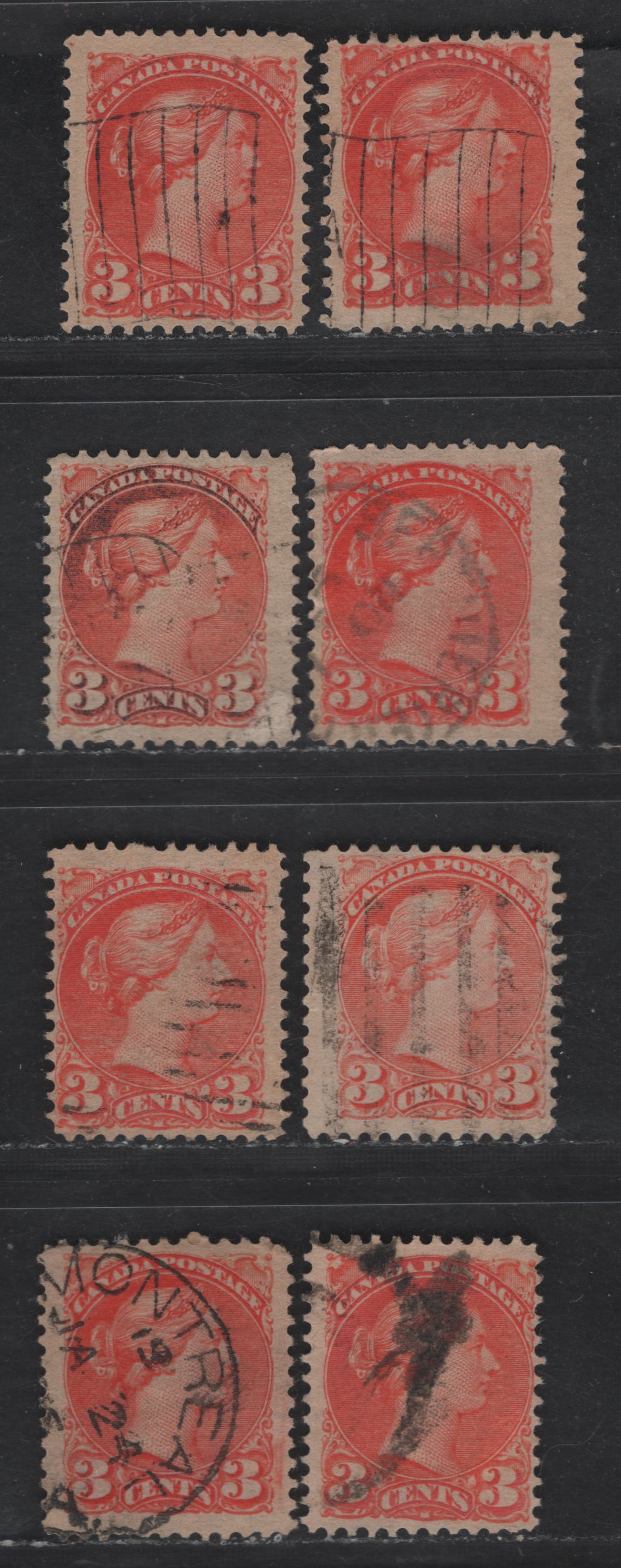 Lot 368 Canada #41 3c Deep Orange Vermillion & Pale Vermillion Queen Victoria, 1888-1897 Small Queen Issue, 8 Fine Used Singles, Second Ottawa Printings, Paper 2O-B