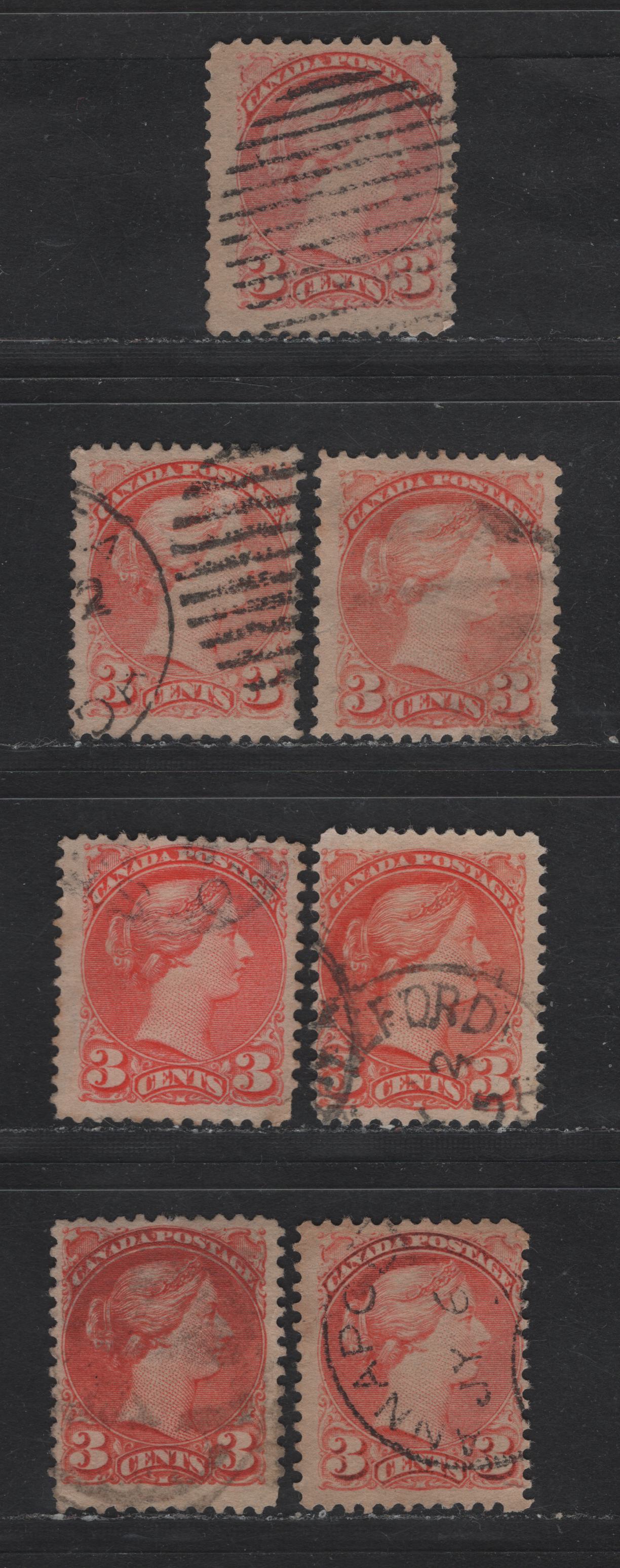 Lot 371 Canada #41 3c Orange Vermillion, Bright Vermillion, Deep/Pale Vermillion Queen Victoria, 1888-1897 Small Queen Issue, 7 Fine Used Singles, Mid Second Ottawa Printings, Different Shades From Lot 139, Paper 2O-P