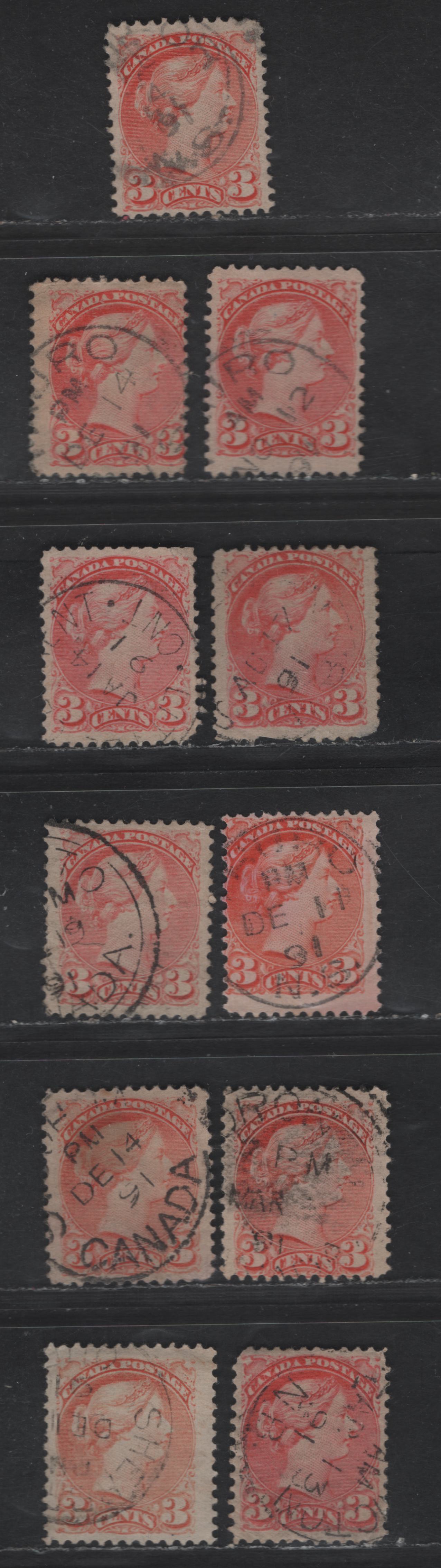 Lot 374 Canada #41 3c Pale Vermillion & Pale Orange Vermillion Queen Victoria, 1888-1897 Small Queen Issue, 11 Ungraded Singles, 1891 Dates, Unsorted As To Paper Types, Couple With Small Faults, Mainly Fine