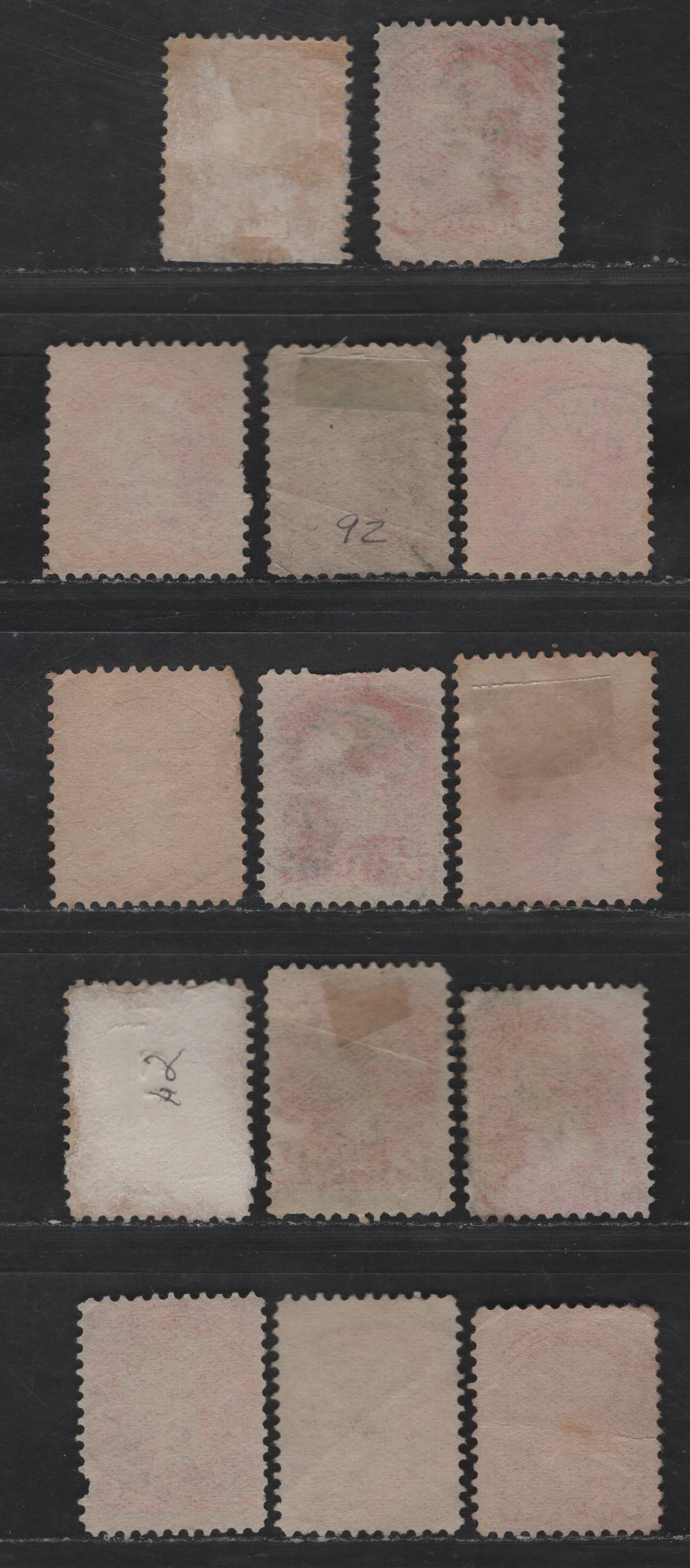 Lot 375 Canada #41 3c Vermillion, Orange Vermillion & Pale Vermillion Queen Victoria, 1888-1897 Small Queen Issue, 14 Ungraded Singles, 1892 Dates, Unsorted As To Paper Types