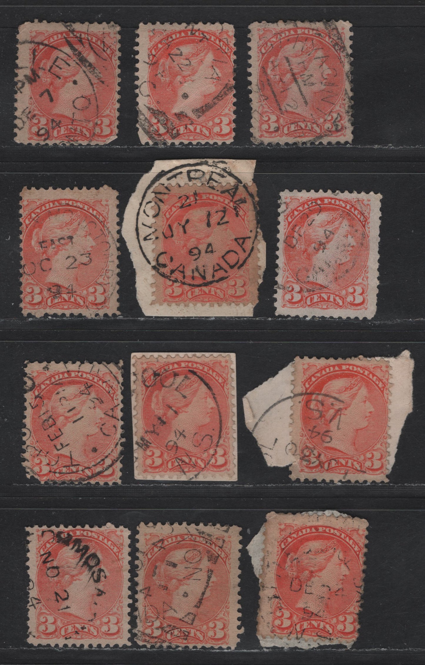 Lot 377 Canada #41 3c Vermillion & Orange Vermillion Queen Victoria, 1888-1897 Small Queen Issue, 12 Ungraded Singles, 1894 Dates, Unsorted As To Paper Types
