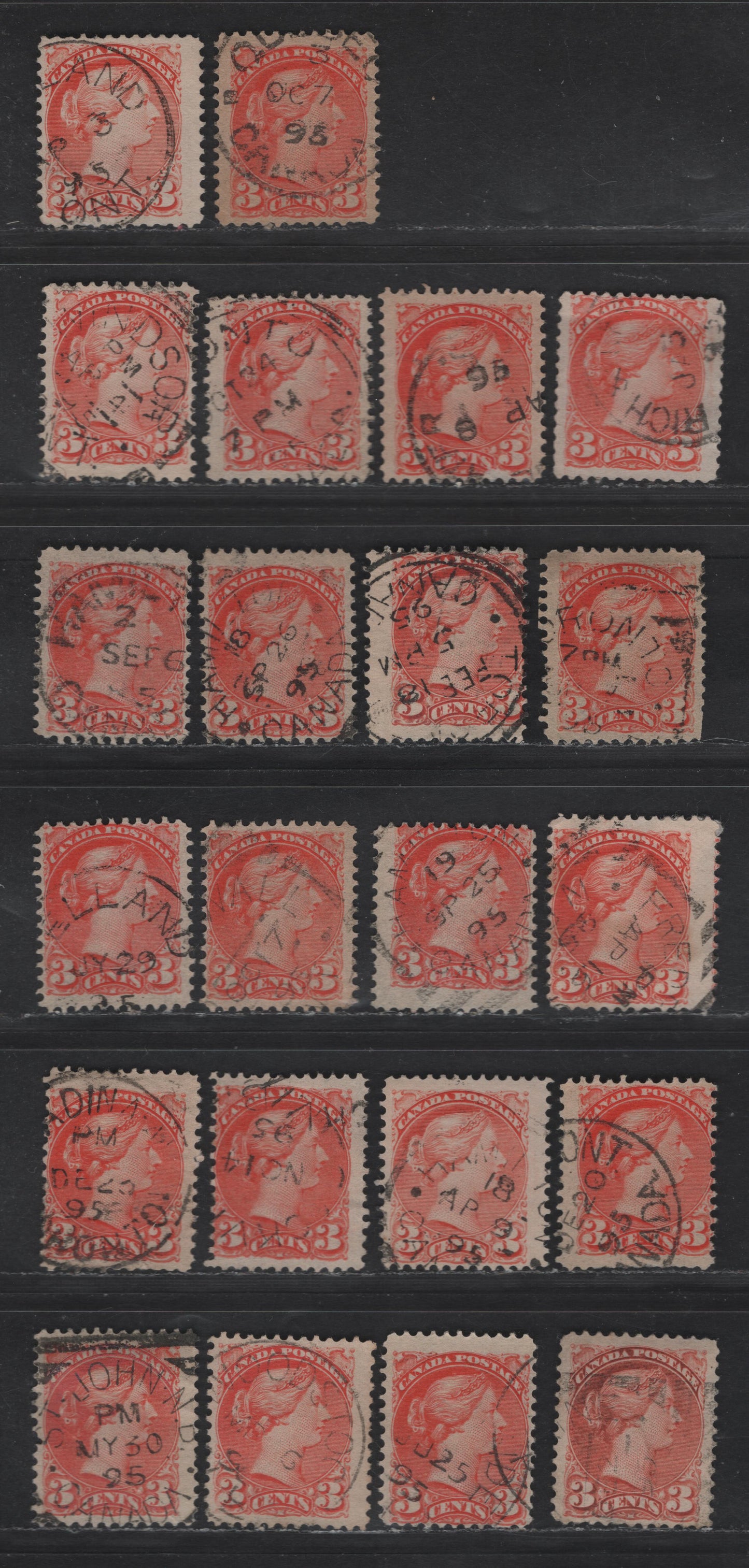 Lot 378 Canada #41 3c Vermillion & Orange Vermillion Queen Victoria, 1888-1897 Small Queen Issue, 22 Ungraded Singles, 1895 Dates, Unsorted As To Paper Types, Some Paper 2O-I & 2O-EE