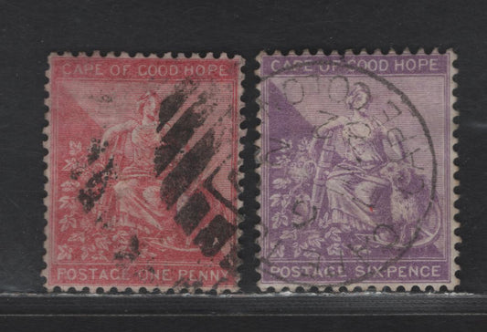 Lot 80 Cape Of Good Hope SG#25a-b 1d - 6d Seated Hope Queen Victoria, 1864-1877 Seated Hope Issue, 2 Very Good/Fine Used Singles, Crown CC Wmk, Outer Frame Line