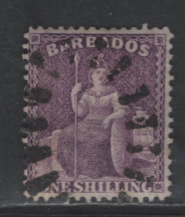 Lot 100 (C) Barbados SG#81w 1/- Purple Britannia, 1875-1881 Britannia Issue, A Very Fine Used Single, Crown CC Sideways Wmk, Perf 14