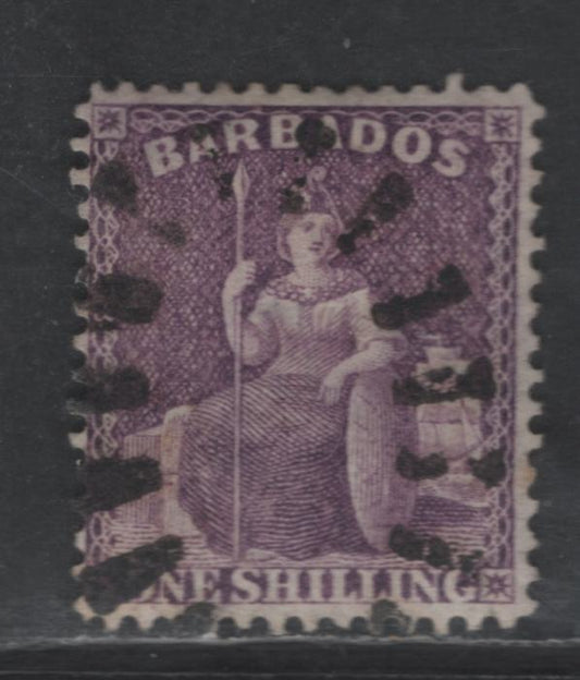 Lot 100 (C) Barbados SG#81w 1/- Purple Britannia, 1875-1881 Britannia Issue, A Very Fine Used Single, Crown CC Sideways Wmk, Perf 14