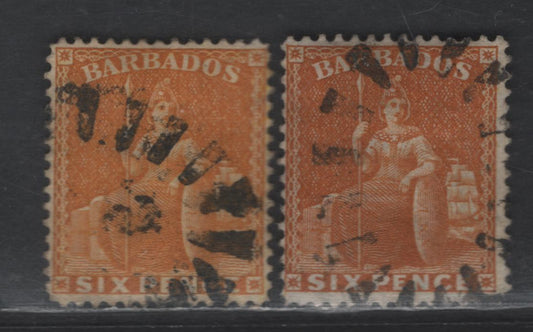 Lot 101 (C) Barbados SG#79-80 6d Chrome Yellow & Yellow Britannia, 1875-1881 Britannia Issue, 2 Fine Used Singles, Crown CC Sideways Wmk, Perf 14