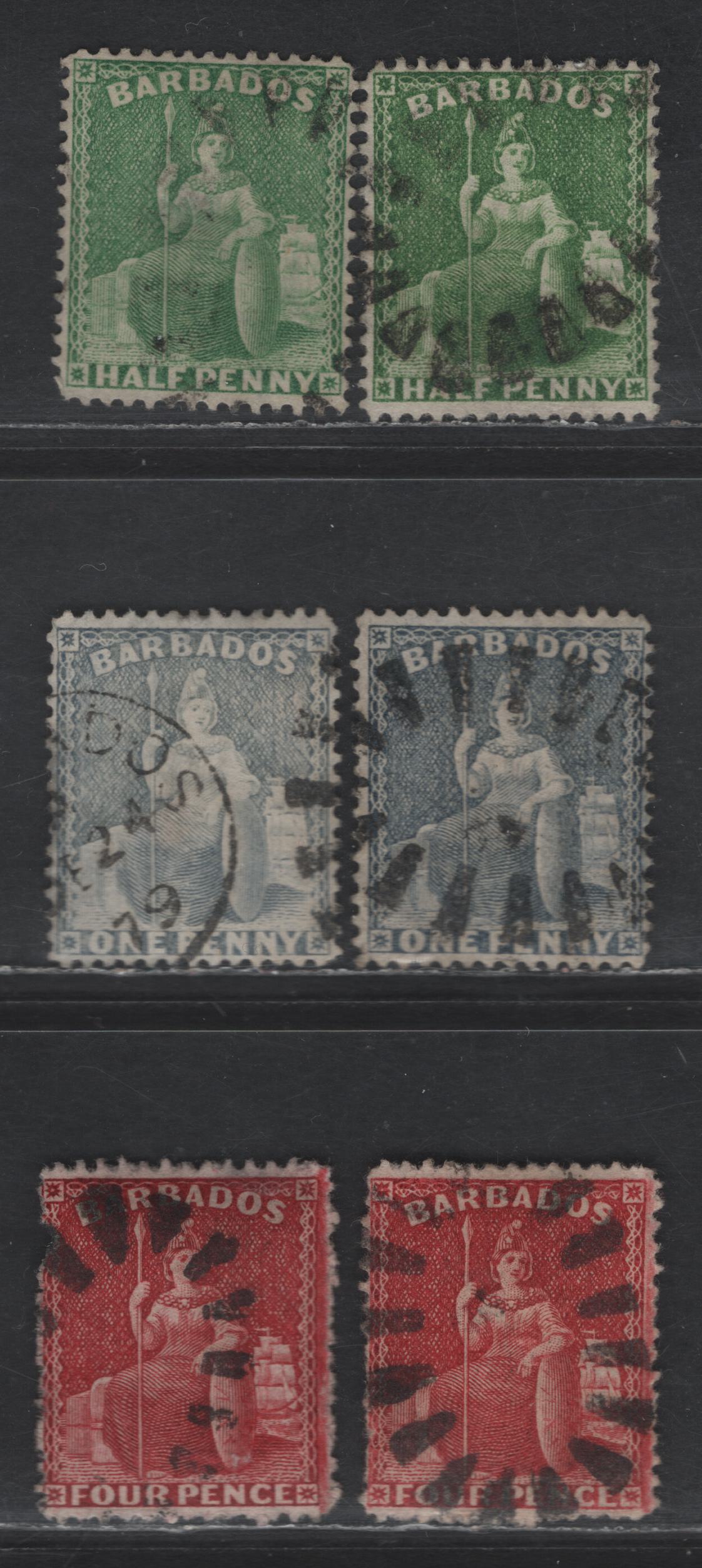 Lot 102 Barbados SG#72, 74, 76-77 1/2d - 4d Emerald Green - Red & Carmine Britannia, 1875-1881 Britannia Issue, 4 Fine/Very Fine Used Singles, Crown CC Wmk, Perf 14