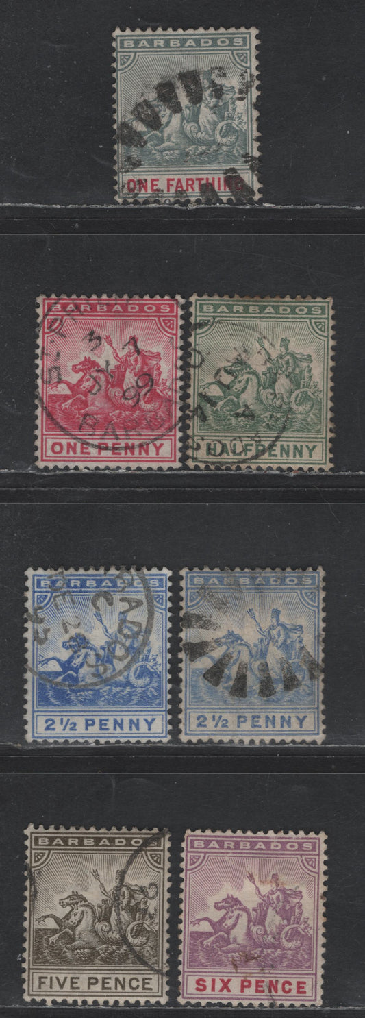 Lot 104 (C) Barbados SG#105-107, 109-111 1/4d - 5d Slate Gray & Carmine - Mauve & Carmine Seal of Colony, 1892-1903 Badge of the Colony Issue, 6 Fine/Very Fine Used Singles, Crown CA Wmk
