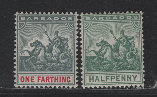 Lot 106 Barbados SG#135-136 1/4d - 1/2d Slate & Carmine - Green Seal of Colony, 1905 Badge of the Colony Issue, 2 VFOG Singles, Multiple Crown CA Wmk