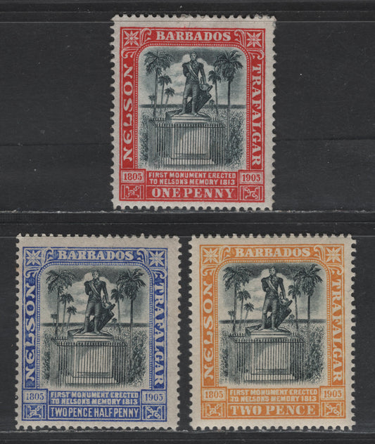 Lot 113 Barbados SG#147-149 1d - 25d Black & Red - Black & Ultramarine Nelson, 1906 Nelson Centenary Issue, 3 F/VFOG Singles, Crown CC Wmk, 1d & 25d Are On Thinner Transluscent Paper, 2d On Thick Opaque Paper