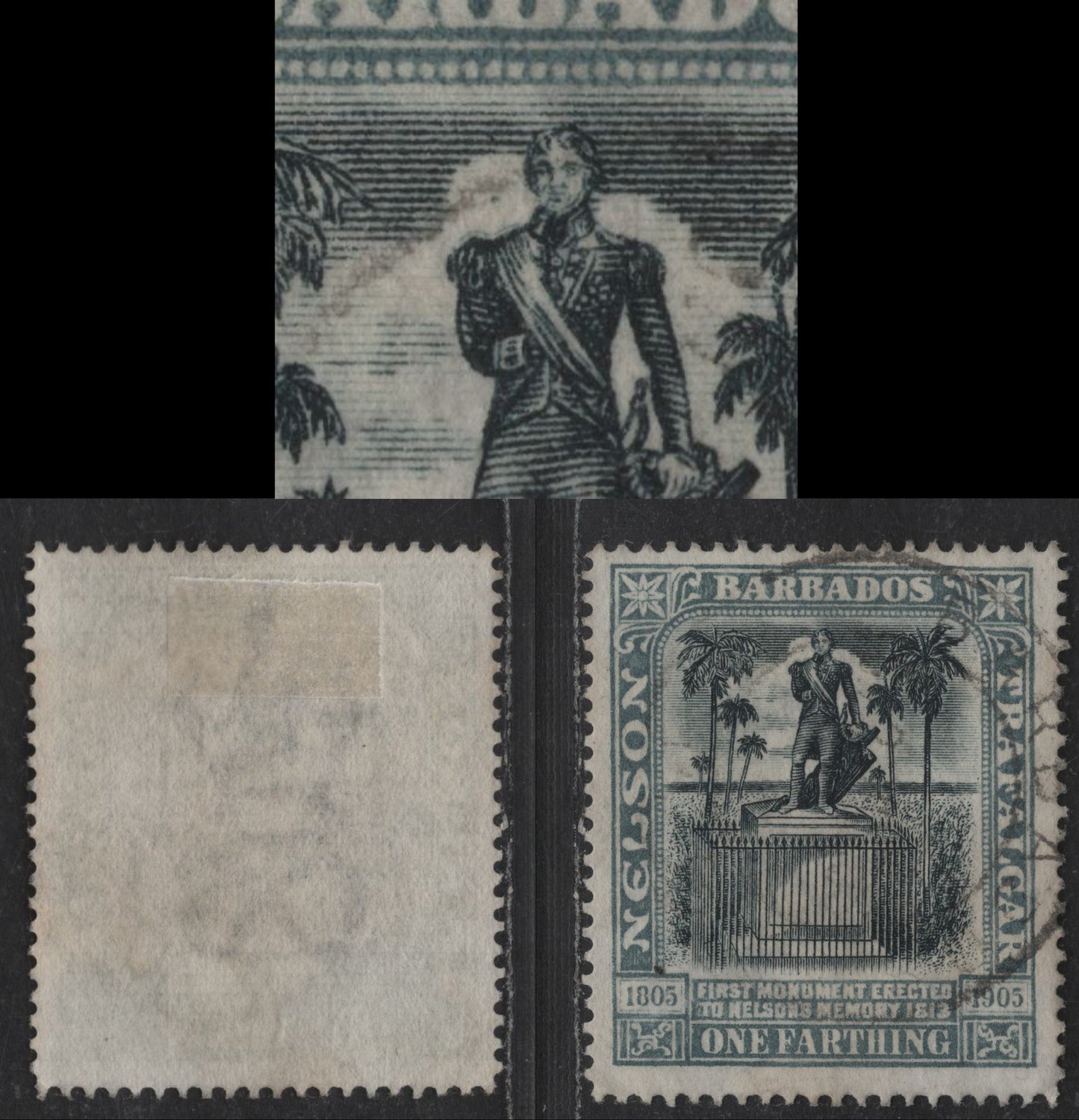 Lot 114 Barbados SG#145var 1/4d Black & Gray Nelson, 1906 Nelson Centenary Issue, A Very Fine Used Single, Thin Transluscent Paper, Showing Unlisted Re-Entry Where Nelson's Right Shoulder Is Doubled