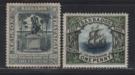 Lot 116 Barbados SG#152, 158 1d - 1/4d Black, Blue & Green -Black & Gray Nelson, 1906-1907 Tercentenary of Annexation - Nelson Centenary Issues, 2 VFOG Singles, Multiple Crown CA Wmk