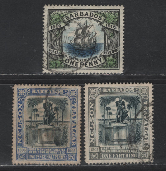 Lot 117 Barbados SG#152, 158, 162 1d - 25d Black, Blue & Green - Black & Bright Blue Nelson - Olive Blossom, 1906-1907 Tercentenary of Annexation - Nelson Centenary Issues, 3 Very Fine Used Singles, Multiple Crown CA Wmk