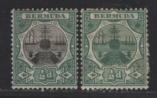 Lot 124 Bermuda SG#35-36 1/2d Black & Green - Green Dry Docks, 1906-1910 Dry Docks Definitives, 2 FOG Singles, Multiple Crown CA Wmk, 1/2d Green Has Gum, But It Is Mostly Covered With An Adhesion