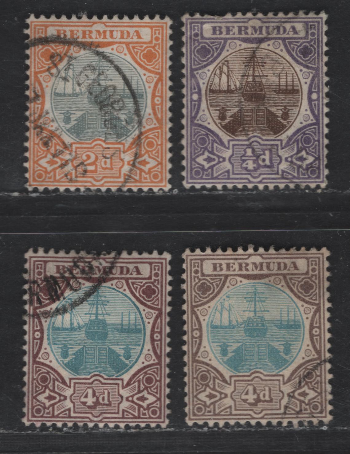 Lot 129 (C) Bermuda SG#34, 39, 42 1/4d - 4d Brown & Violet - Blue & Chocolate Dry Docks, 1906-1910 Dry Docks Definitives, 4 Very Fine Used Singles, Multiple Crown CA Wmk, 2 Shades Of 4d