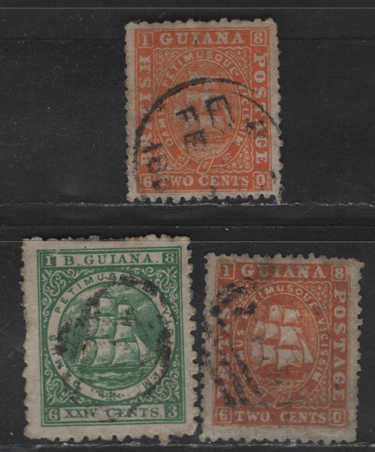 Lot 130 (C) British Guiana SG#52, 68, 101 2c - 24c Orange - Deep Green Ship, 1862-1876 Pictorial Issues, 3 Good/Fine/Very Fine Used Singles, Different Perfs, Papers & Printings